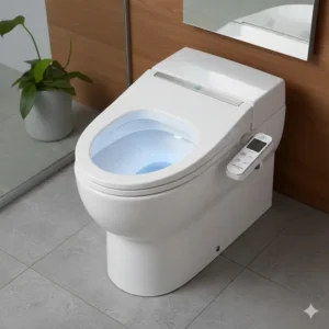 Image showing the gentle LED nightlight illuminating the bowl of the best toilet bidet combination.