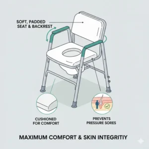Soft cushion and ergonomic backrest of a portable toilet for seniors for long term comfort.
