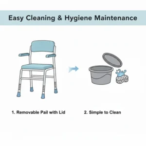 An illustration of a removable pail and lid for a portable commode for elderly hygiene maintenance.