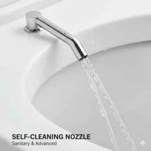 Detailed photo showing the self-cleaning, stainless steel nozzle of the integrated bidet system in the best ADA toilet with bidet.