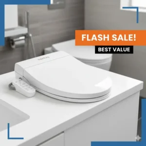 A clear, attractive product photo of a top-selling, luxury BidetKing bidet toilet seat with a "Sale" banner showing that a bidetking coupon can be applied.