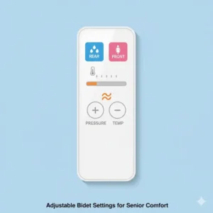 Digital display showing water temperature and pressure controls for tall toilets for elderly with bidet.