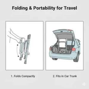 A compact and folded portable potty for elderly travel showing its portability for car trips and storage.