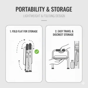 A visual guide showing the compact folding mechanism of a portable toilet for elderly travel needs.