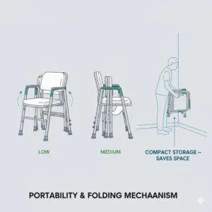 A compact folding mechanism showing how to store a portable toilet for seniors easily.