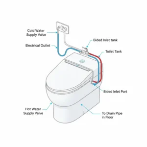 Diagram illustrating the simple setup steps for the plumbing and installation of the best toilet bidet combination.
