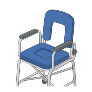 An ergonomic toilet chair for disabled users featuring soft blue padded seating and backrest.