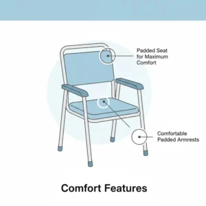 A detailed view of a padded seat and backrest on a comfortable portable commode for elderly seniors.