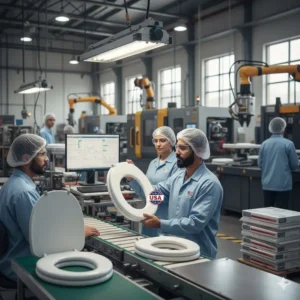 A snapshot of the quality control process in an American factory producing certified toilet seats made in usa.