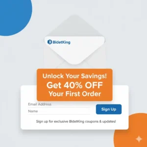 An illustration of an email envelope or a newsletter sign-up box that offers a free bidetking coupon code in exchange for an email address.