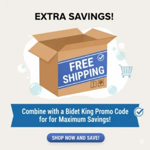 Icon showing a delivery box and free shipping label, representing an extra saving alongside a bidet king promo code.