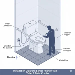 Professional installation diagram of high-quality tall toilets for elderly with bidet in a senior-friendly home.