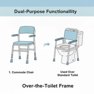 Illustration of a portable commode for elderly individuals being used as a raised toilet seat and safety frame over a standard toilet