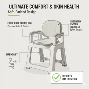 Illustration of the comfortable padded seat and backrest design of a portable toilet for elderly comfort.