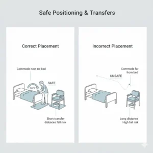 Illustration of the correct placement and safe positioning of a portable potty for elderly next to a bed for easy access.