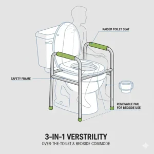 A 3-in-1 design showing a portable toilet for seniors used as a raised toilet seat over a commode.
