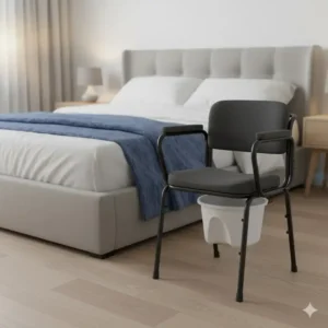 A portable bedside commodes for the elderly positioned next to a bed for easy nighttime access.
