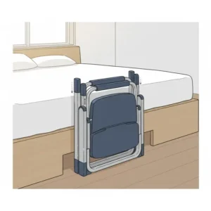 Illustration showing a collapsible bedside commode folded completely flat for easy storage under a bed