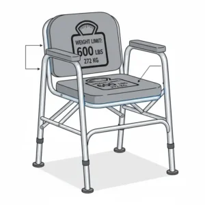 Technical drawing showing the high weight capacity limit of a heavy duty bedside commode for bariatric users.
