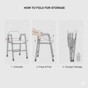 Diagram showing the step-by-step process of folding a collapsible commode for storage or travel.