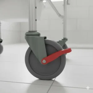 Close-up view of the secure locking caster brakes on a medical commode chair with wheels.