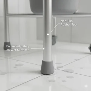 Close-up of the secure non-slip rubber feet on a portable potty chair for elderly to ensure safety.