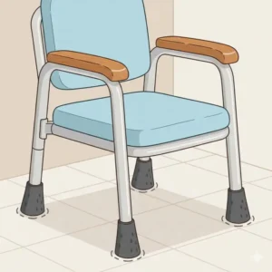 Detailed view of the safety rails and non-slip feet on a portable toilet chair for elderly.