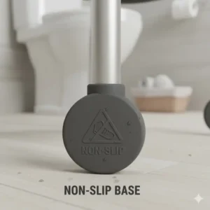 Close-up illustration of non-slip rubber tips on a commode chair for elderly safety to prevent sliding on bathroom tiles.