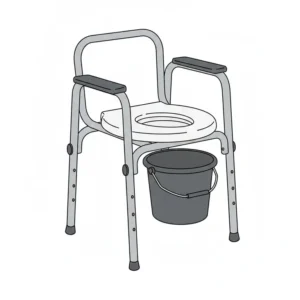 A standard grey bedside commodes for seniors with a removable bucket and adjustable legs.