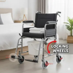 Detailed illustration showing the locking caster wheels on a wheelchair commode for maximum stability