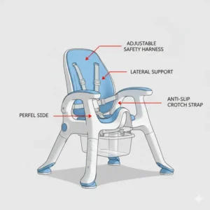 Illustration of a potty chair for handicap users highlighting the adjustable safety harness and lateral supports.
