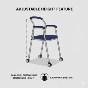 Diagram showing how to adjust the leg height of a commode chair for elderly patients to ensure proper posture and ease of use.