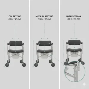 An illustration showing the height adjustment mechanism of an ergonomic commode chair with wheels.