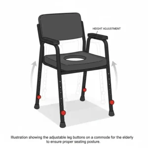 Illustration showing the adjustable leg buttons on commodes for the elderly to ensure proper seating posture.
