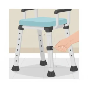 Demonstration of the height-adjustable legs on a portable toilet chair for elderly for custom fitting.