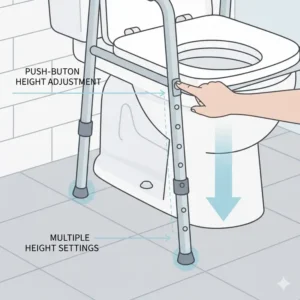 Close-up of the push-button mechanism on the legs of a toilet chair over toilet.
