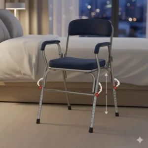 Diagram highlighting the push-button leg height adjustments on a collapsible bedside commode.