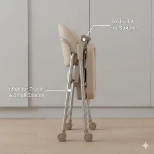 A compact and foldable portable potty chair for elderly shown in a storage position.