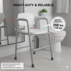 Illustration highlighting the reinforced frame of a heavy-duty collapsible commode with a 350-pound weight capacity indicator.