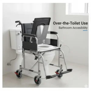 Diagram demonstrating how a rolling wheelchair commode fits easily over a standard home toilet.