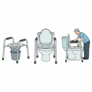 An illustration of 3-in-1 commodes for seniors used as a raised toilet seat and safety frame.