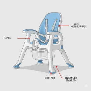 Detailed view of a wide non-slip base on a potty chair for handicap kids for enhanced stability.