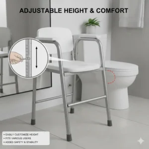 Close-up illustration of the push-button leg adjustment pins on a collapsible commode for personalized height settings.