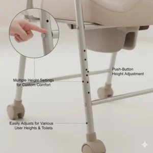 Demonstration of the height-adjustable legs on a portable potty chair for elderly for custom comfort.