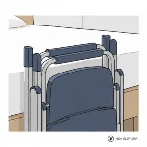 Close-up illustration of the non-slip armrests and reinforced frame of a collapsible bedside commode.