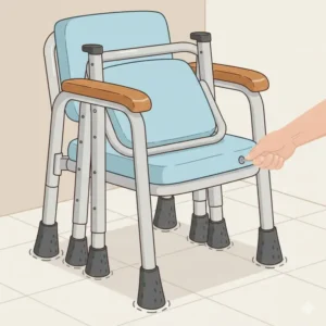 A compact and folding portable toilet chair for elderly designed for easy storage and travel.