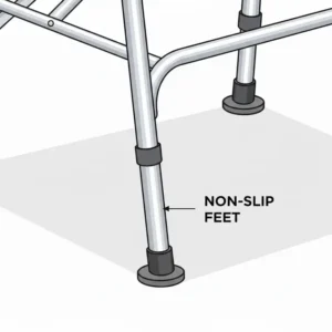 Detailed view of the non-slip rubber feet on a heavy duty bedside commode for maximum stability.