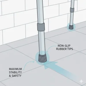 High-grip rubber tips on the base of a medical toilet chair over toilet to prevent slipping.