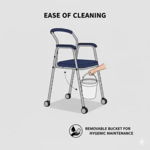 Illustration of a commode chair for elderly users featuring a removable waste bucket with a lid for easy cleaning and hygiene.