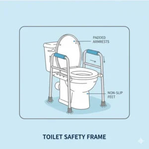 A sturdy safety frame with armrests, a key feature of toilet chairs for elderly providing balance support.
